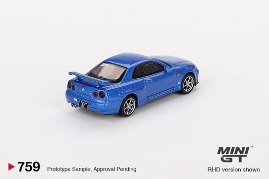 Mini GT Nissan Skyline GT-R R34 V-Spec 2 (II) Bayside Blue 1:64 Diecast Car Seal