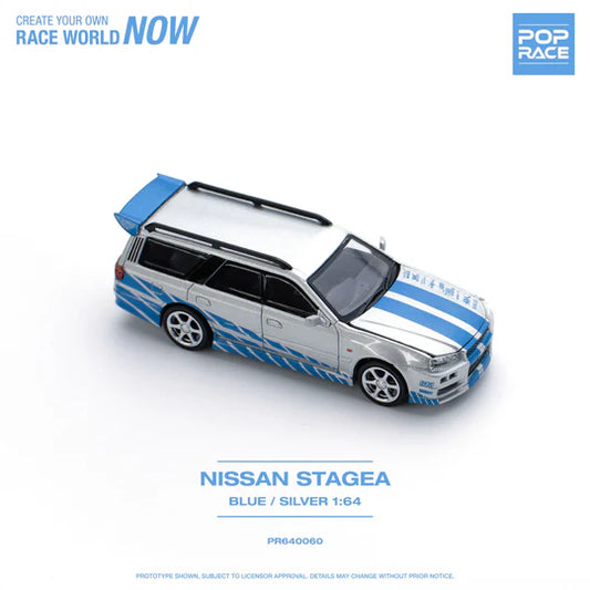 POP Race Nissan Stagea w/Skyline R34 GTR Front Fast and Furious Blue/Silver 1:64