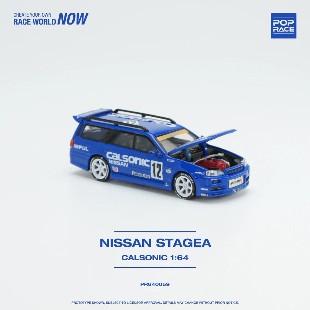 POP Race Nissan Stagea w/Skyline R34 GTR Front End Swap Calsonic Livery 1:64 Car