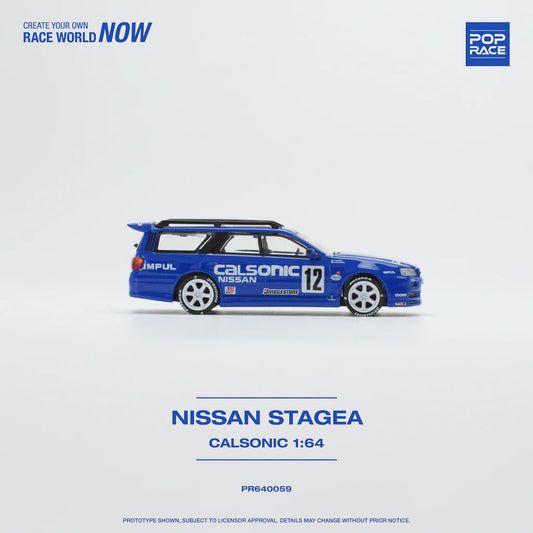 POP Race Nissan Stagea w/Skyline R34 GTR Front End Swap Calsonic Livery 1:64 Car