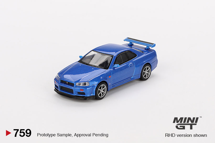 Mini GT Nissan Skyline GT-R R34 V-Spec 2 (II) Bayside Blue 1:64 Diecast Car Seal