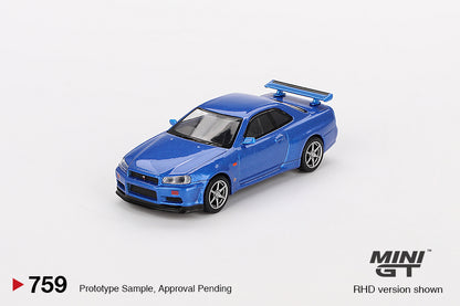 Mini GT Nissan Skyline GT-R R34 V-Spec 2 (II) Bayside Blue 1:64 Diecast Car Seal
