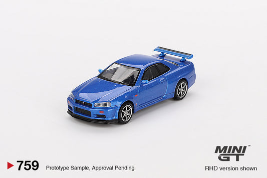 Mini GT Nissan Skyline GT-R R34 V-Spec 2 (II) Bayside Blue 1:64 Diecast Car Seal