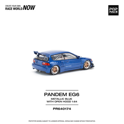 POP Race Honda Civic EG6 Wide Pandem Open Bonnet Metallic Blue Yellow 1:64 Car