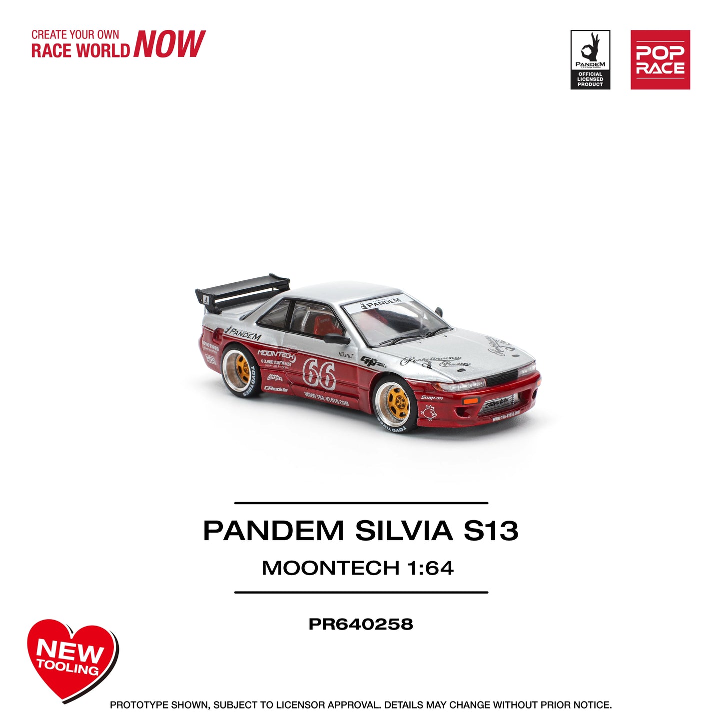 POP Race Nissan Silvia S13 Pandem Widebody Moontech Red/Silver 1:64 Diecast Car