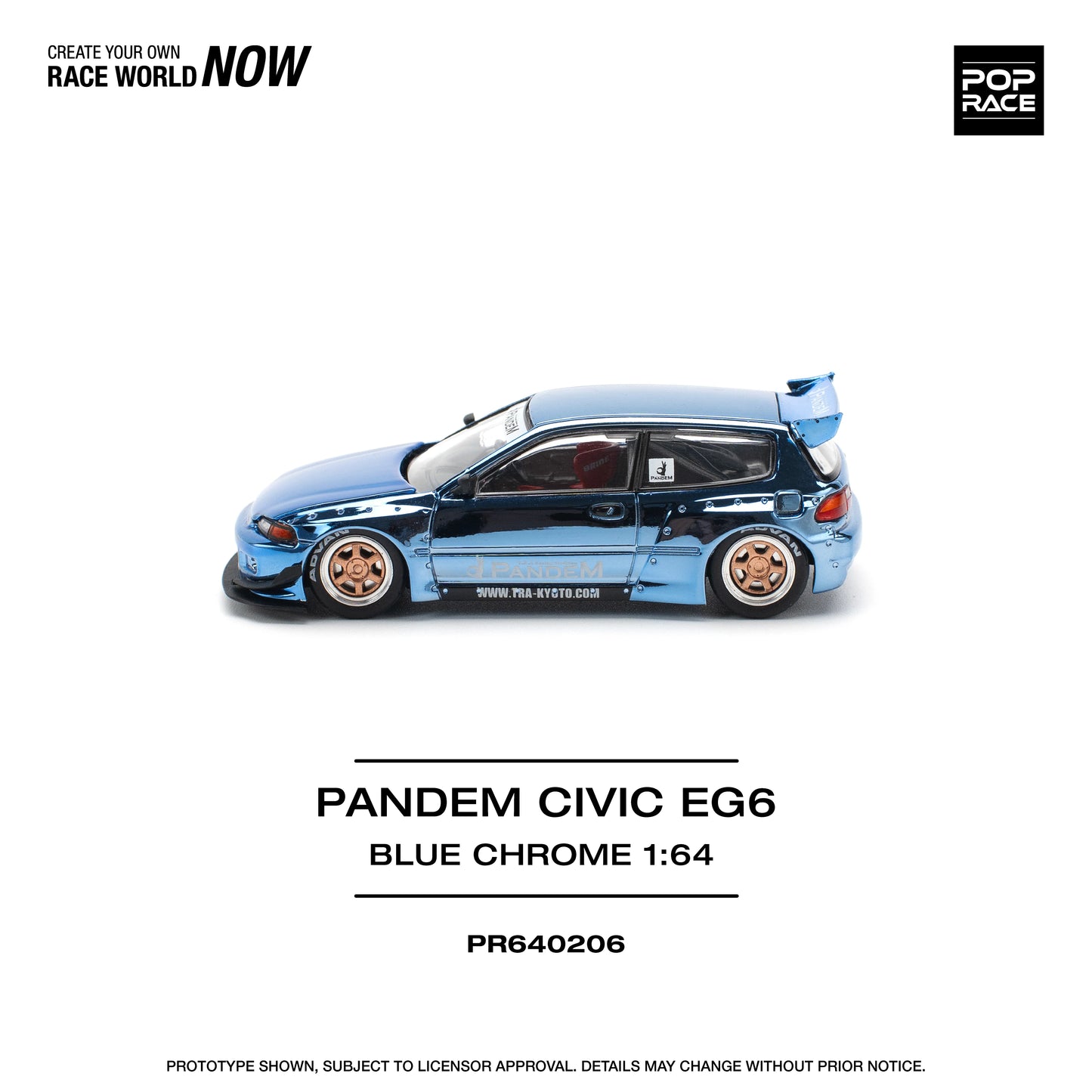 POP Race Honda Civic EG6 Pandem Widebody Kit Chrome Blue 1:64 Diecast Model Car