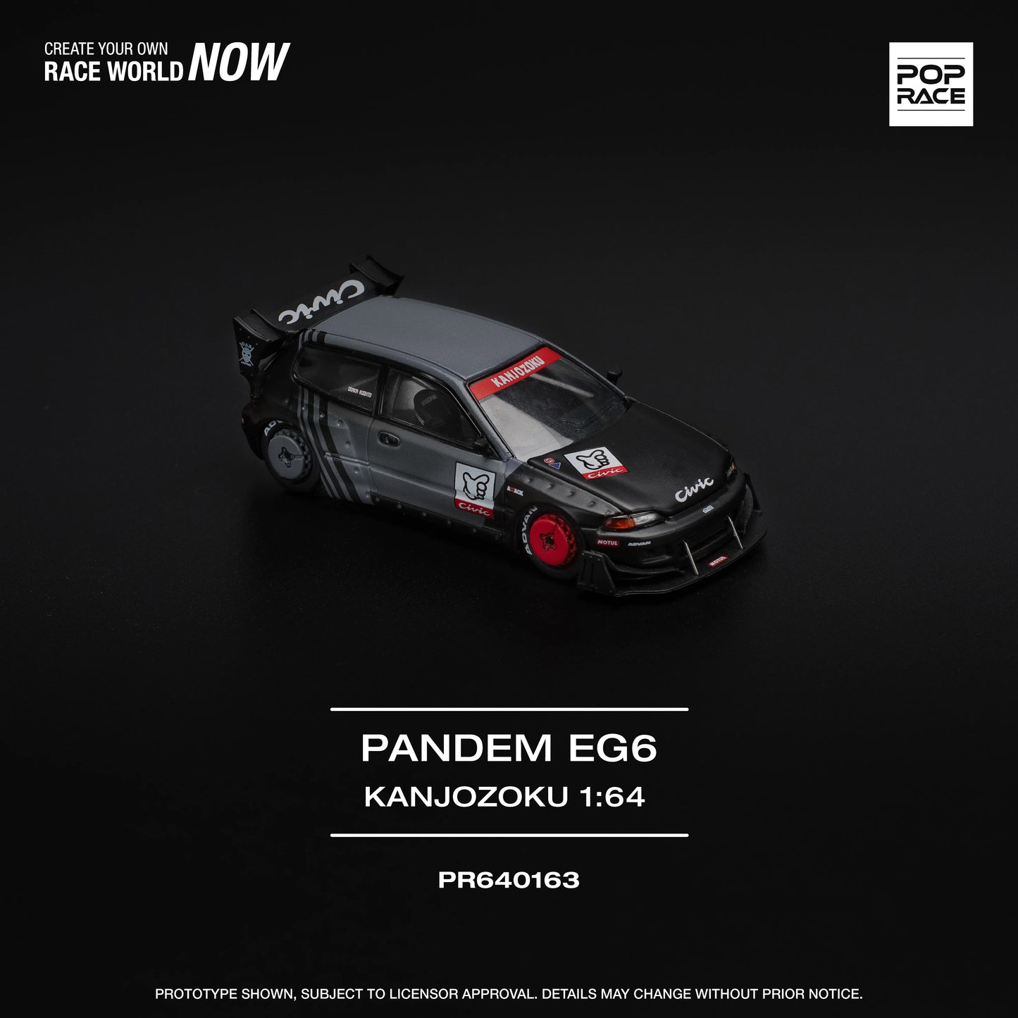 POP Race Honda Civic EG6 Pandem Widebody Kanjozoku Grey/Black 1:64 Diecast Car