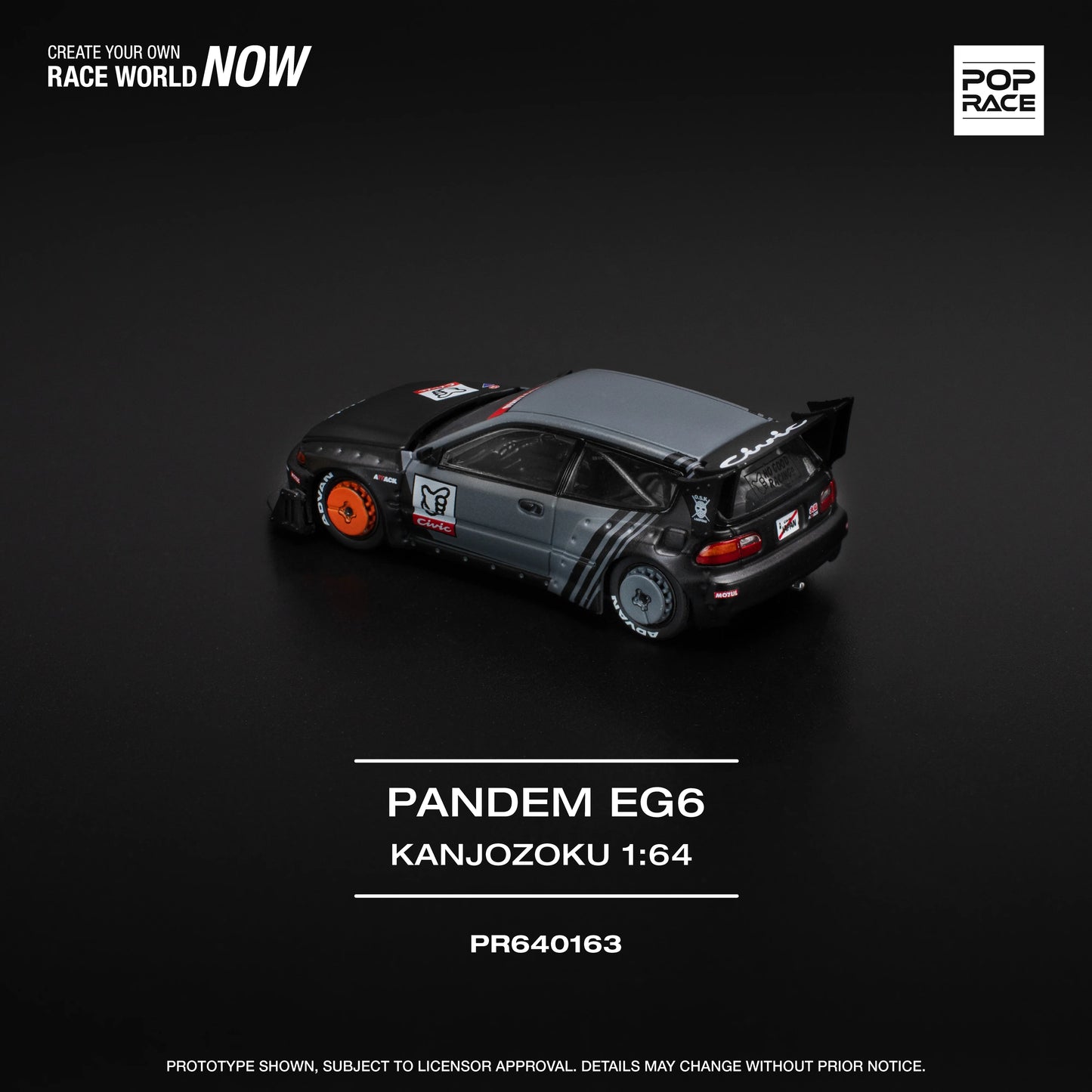 POP Race Honda Civic EG6 Pandem Widebody Kanjozoku Grey/Black 1:64 Diecast Car