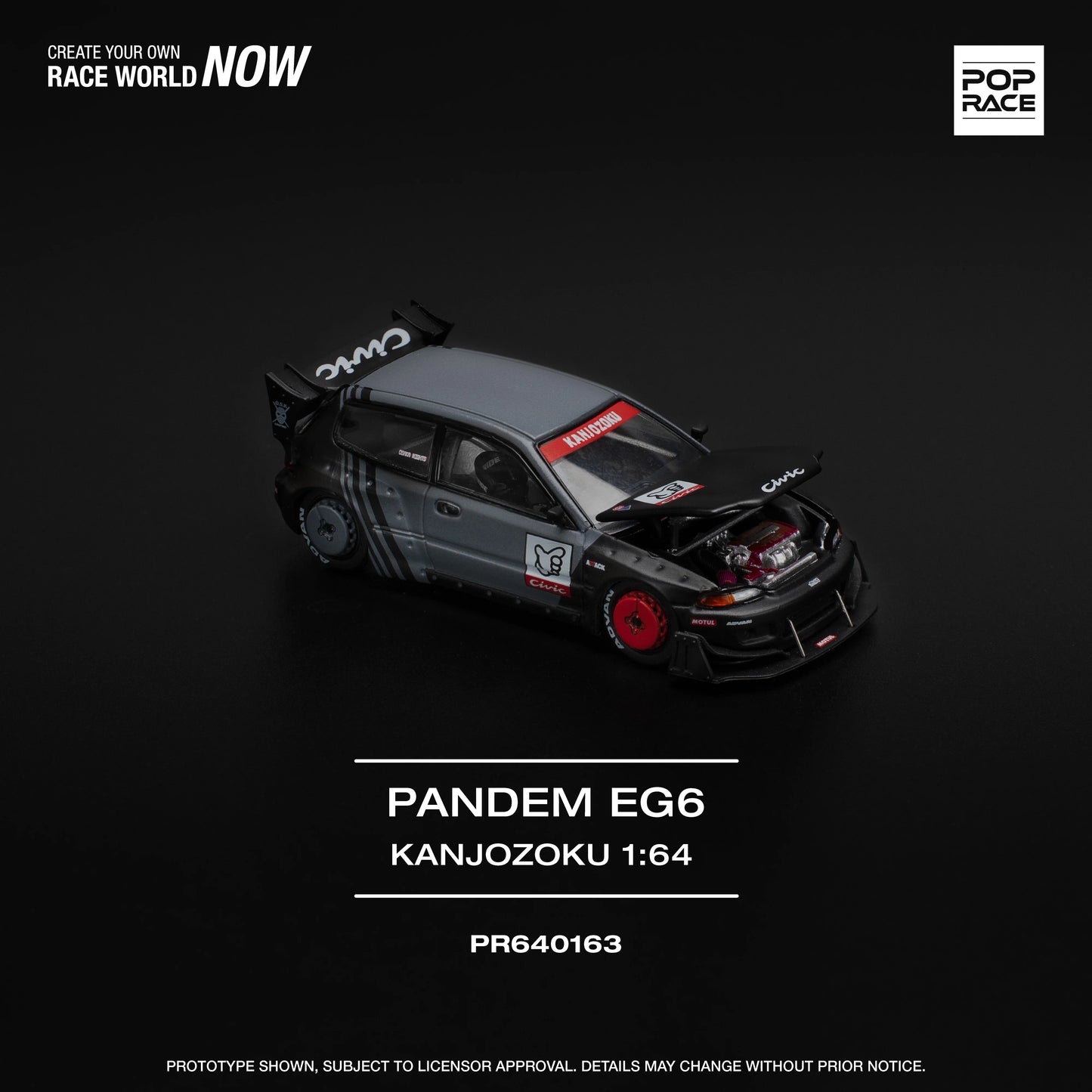 POP Race Honda Civic EG6 Pandem Widebody Kanjozoku Grey/Black 1:64 Diecast Car