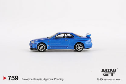 Mini GT Nissan Skyline GT-R R34 V-Spec 2 (II) Bayside Blue 1:64 Diecast Car Seal