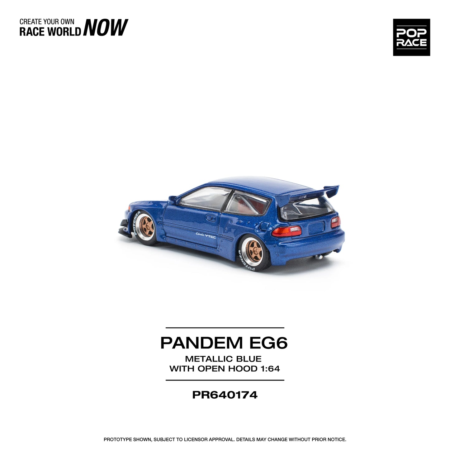 POP Race Honda Civic EG6 Wide Pandem Open Bonnet Metallic Blue Yellow 1:64 Car
