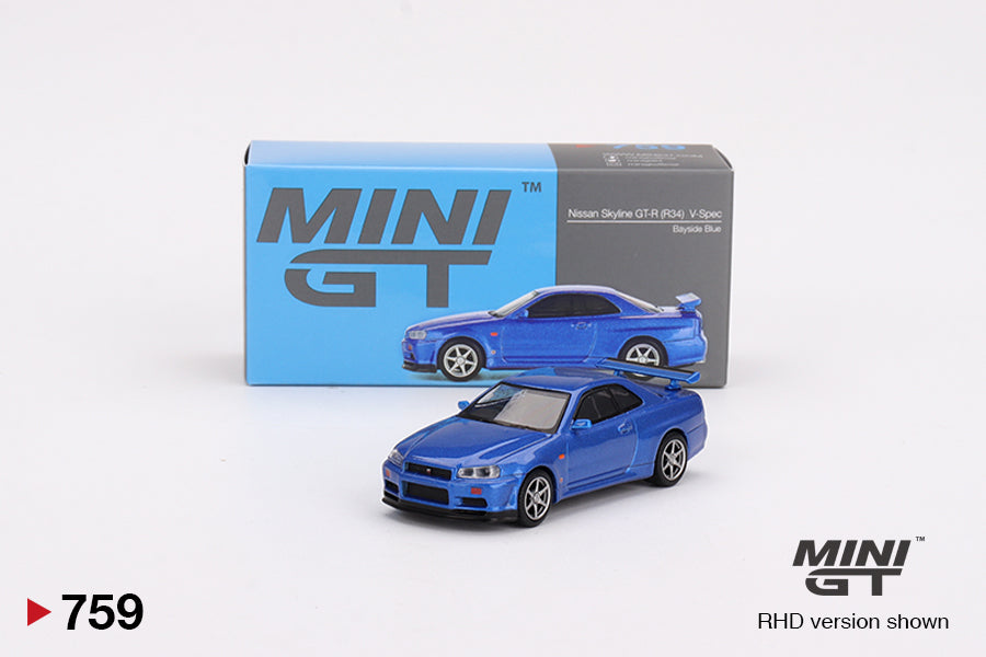 Mini GT Nissan Skyline GT-R R34 V-Spec 2 (II) Bayside Blue 1:64 Diecast Car Seal