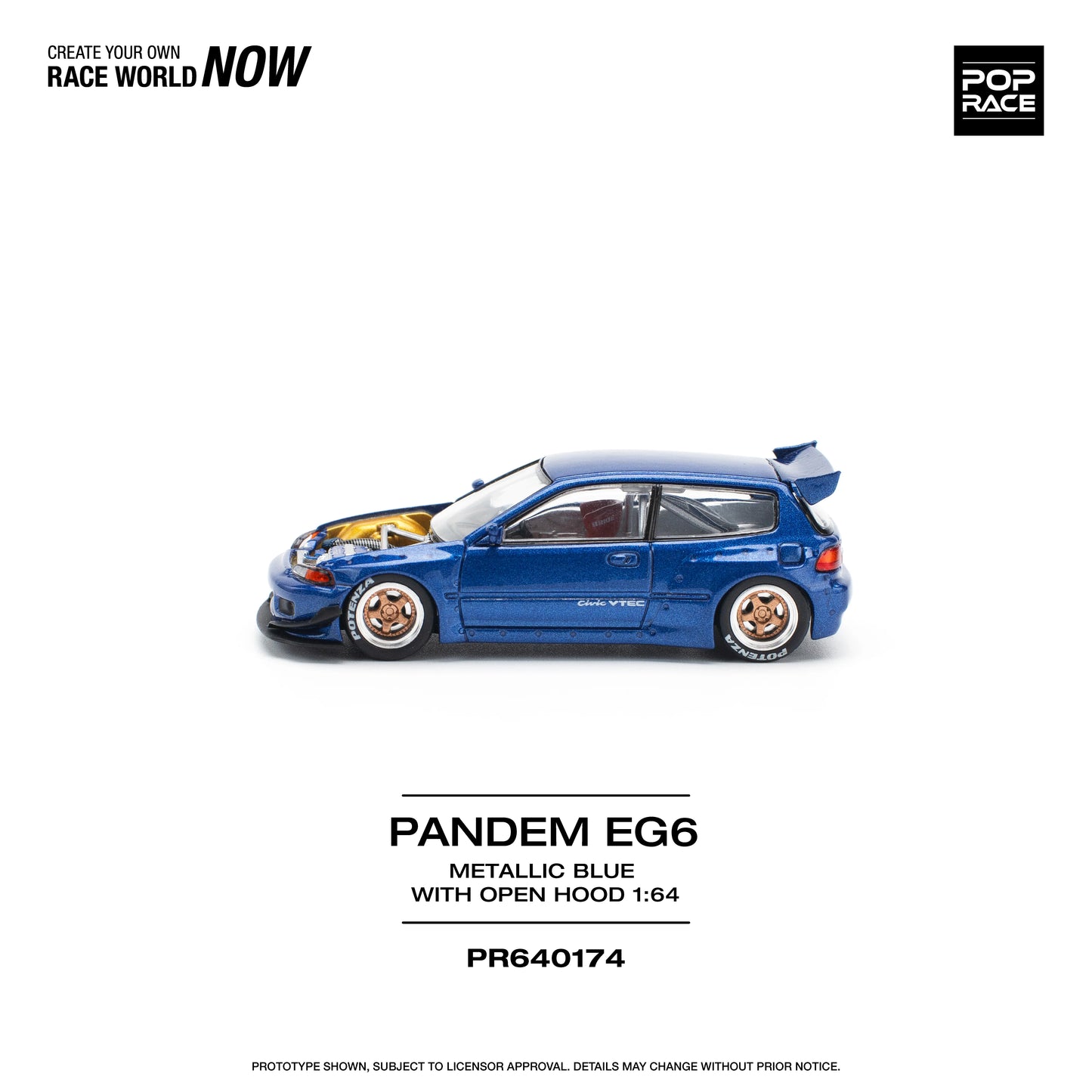 POP Race Honda Civic EG6 Wide Pandem Open Bonnet Metallic Blue Yellow 1:64 Car