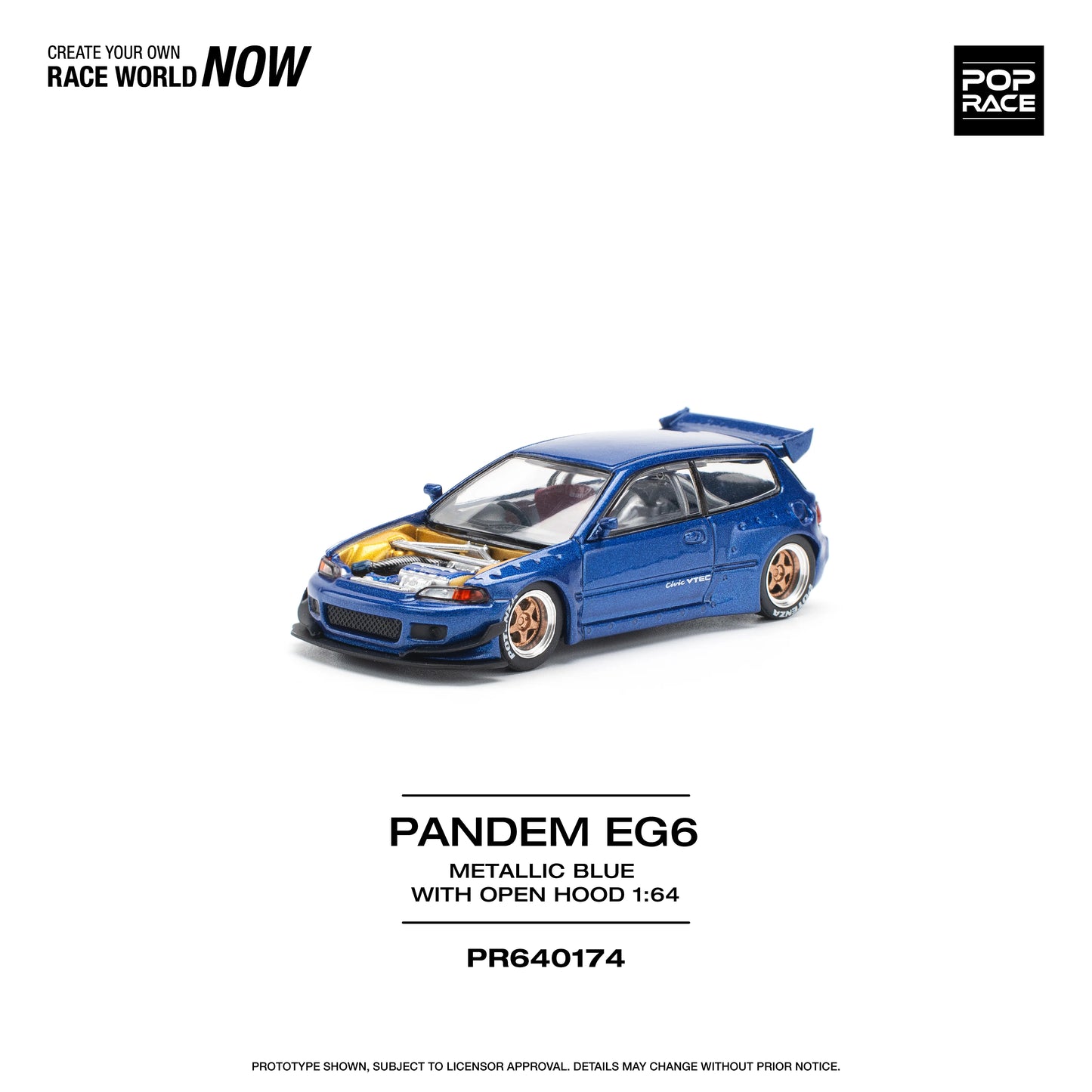 POP Race Honda Civic EG6 Wide Pandem Open Bonnet Metallic Blue Yellow 1:64 Car