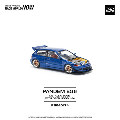POP Race Honda Civic EG6 Wide Pandem Open Bonnet Metallic Blue Yellow 1:64 Car
