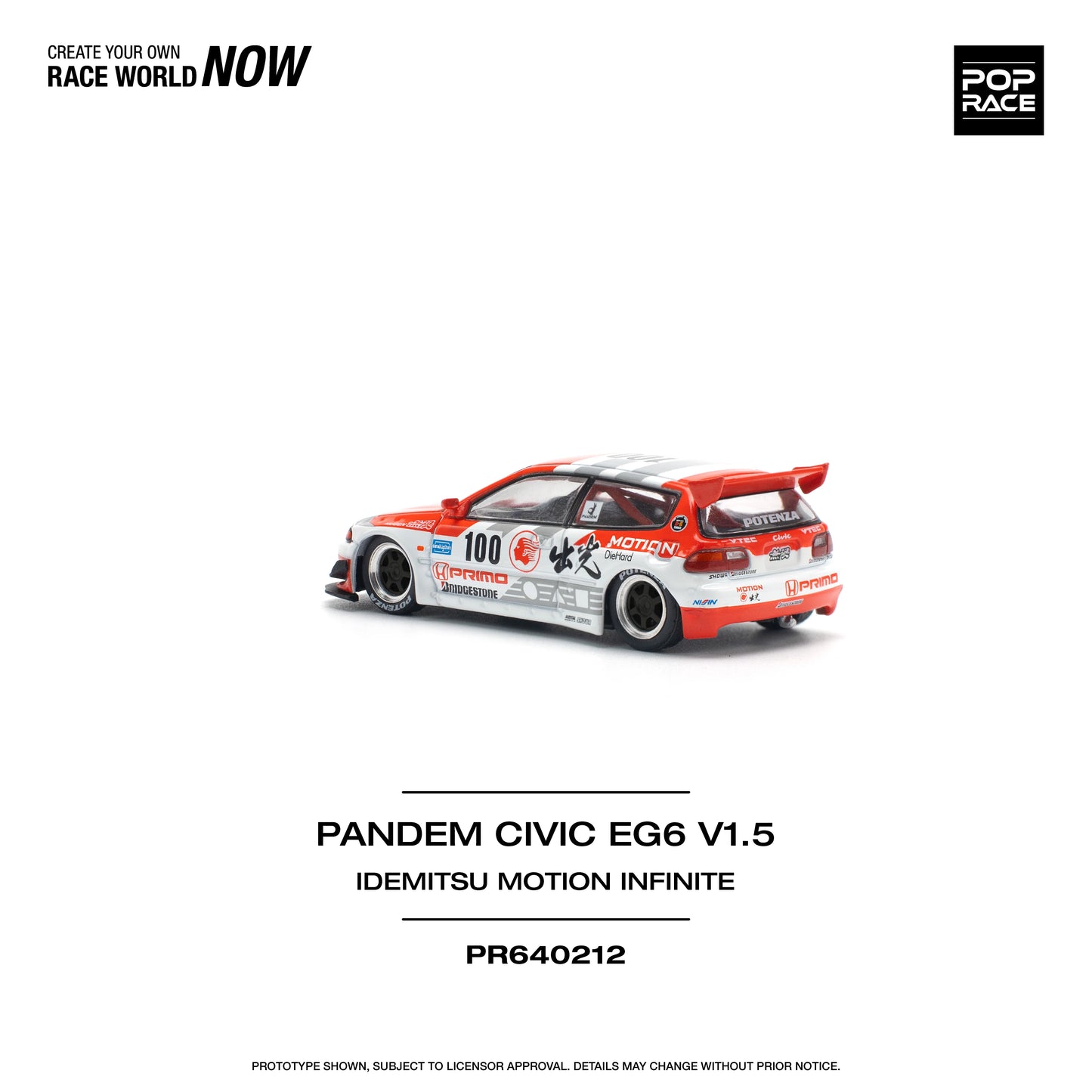 POP Race Honda Civic EG6 Pandem Idemitsu Motion Infinite Red/White 1:64 Diecast