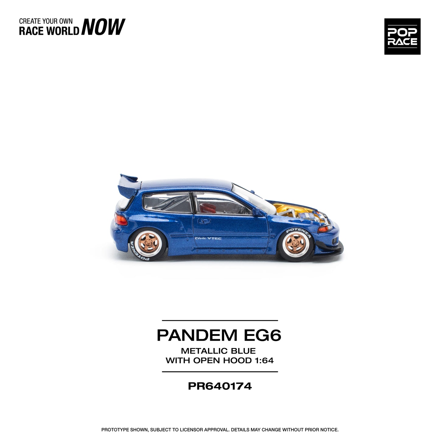 POP Race Honda Civic EG6 Wide Pandem Open Bonnet Metallic Blue Yellow 1:64 Car
