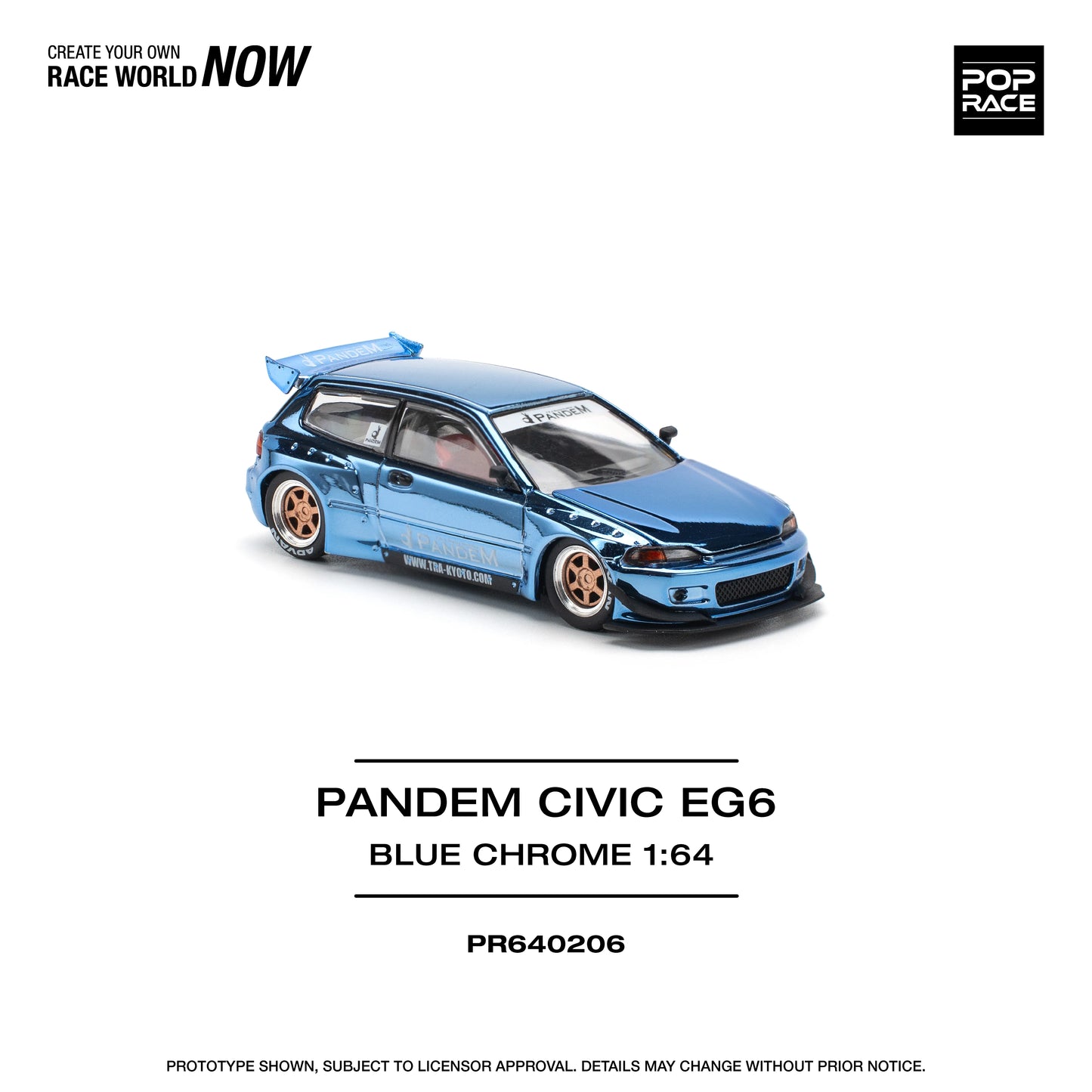 POP Race Honda Civic EG6 Pandem Widebody Kit Chrome Blue 1:64 Diecast Model Car