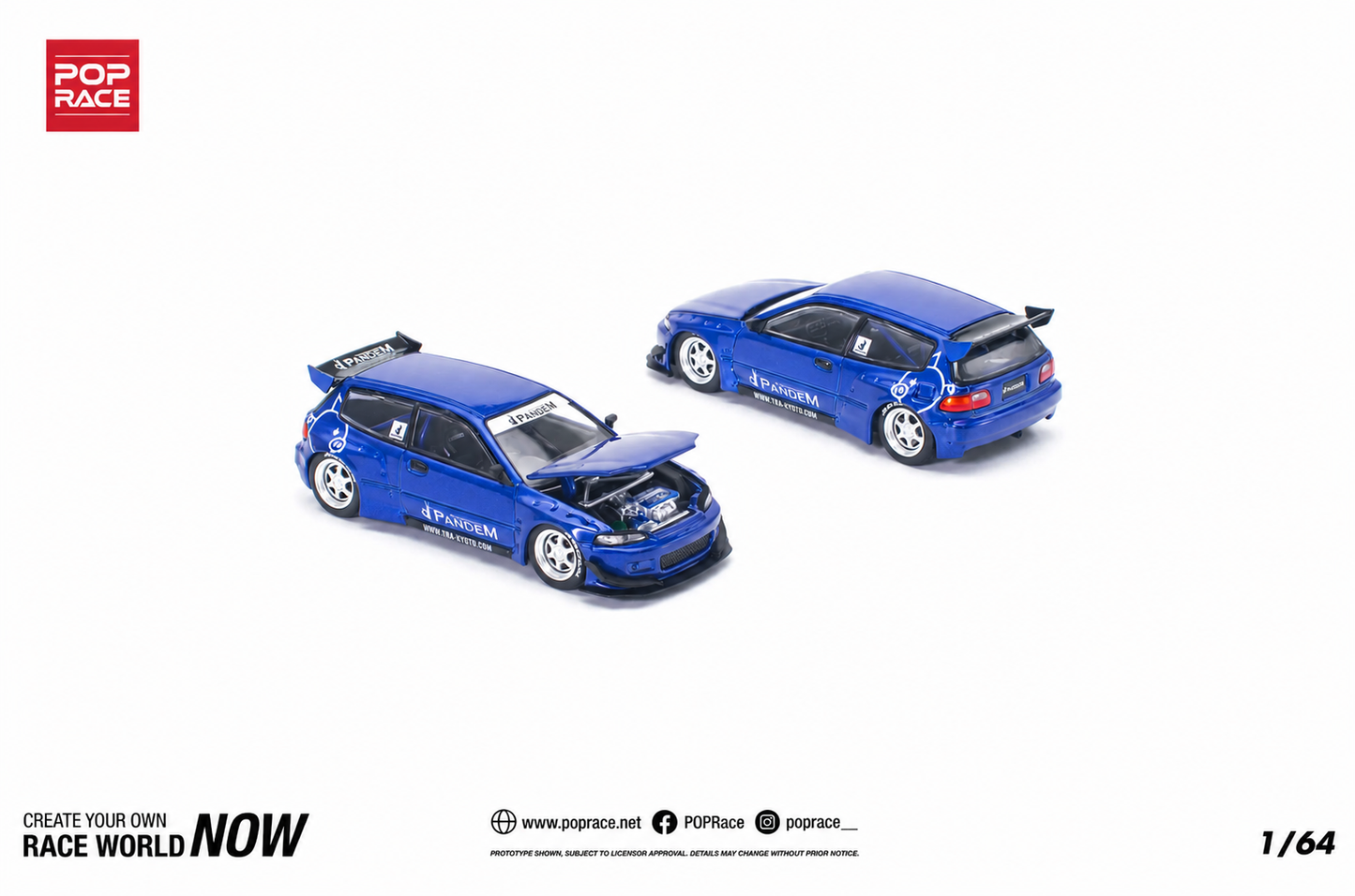 POP Race Honda Civic EG6 Pandem Widebody Metallic Blue 1:64 Diecast Model Car