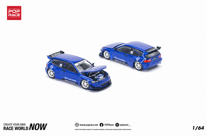 POP Race Honda Civic EG6 Pandem Widebody Metallic Blue 1:64 Diecast Model Car