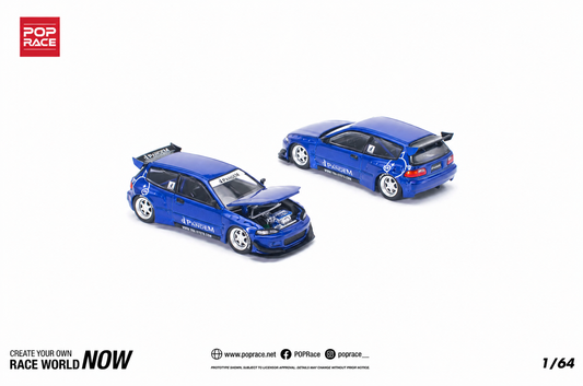 POP Race Honda Civic EG6 Pandem Widebody Metallic Blue 1:64 Diecast Model Car