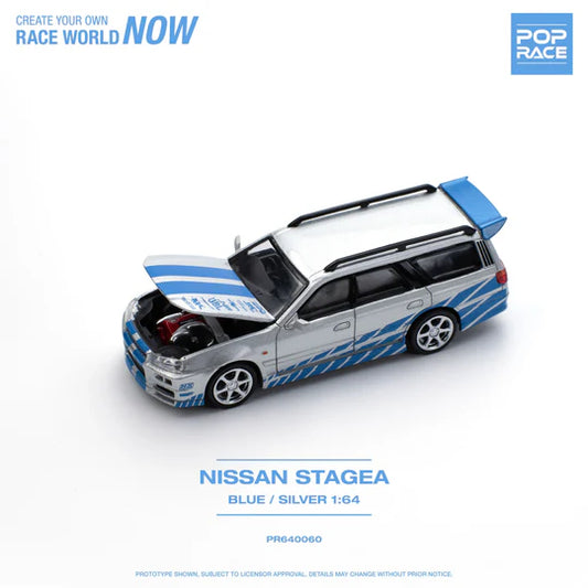 POP Race Nissan Stagea w/Skyline R34 GTR Front Fast and Furious Blue/Silver 1:64