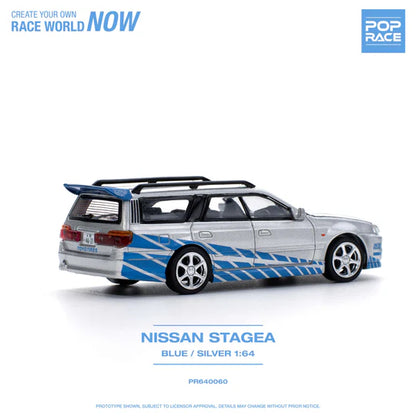 POP Race Nissan Stagea w/Skyline R34 GTR Front Fast and Furious Blue/Silver 1:64