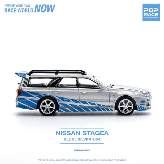POP Race Nissan Stagea w/Skyline R34 GTR Front Fast and Furious Blue/Silver 1:64