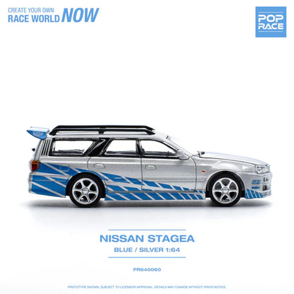 POP Race Nissan Stagea w/Skyline R34 GTR Front Fast and Furious Blue/Silver 1:64