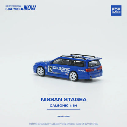 POP Race Nissan Stagea w/Skyline R34 GTR Front End Swap Calsonic Livery 1:64 Car
