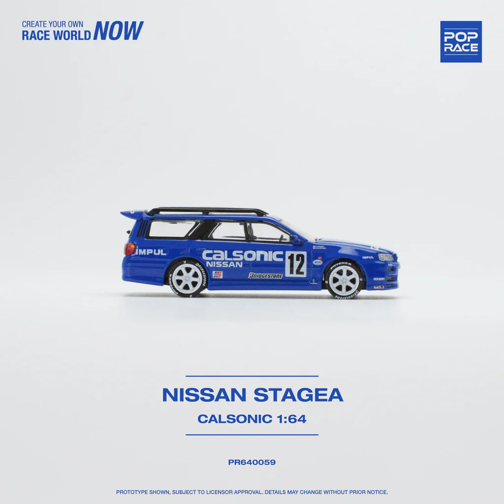 POP Race Nissan Stagea w/Skyline R34 GTR Front End Swap Calsonic Livery 1:64 Car