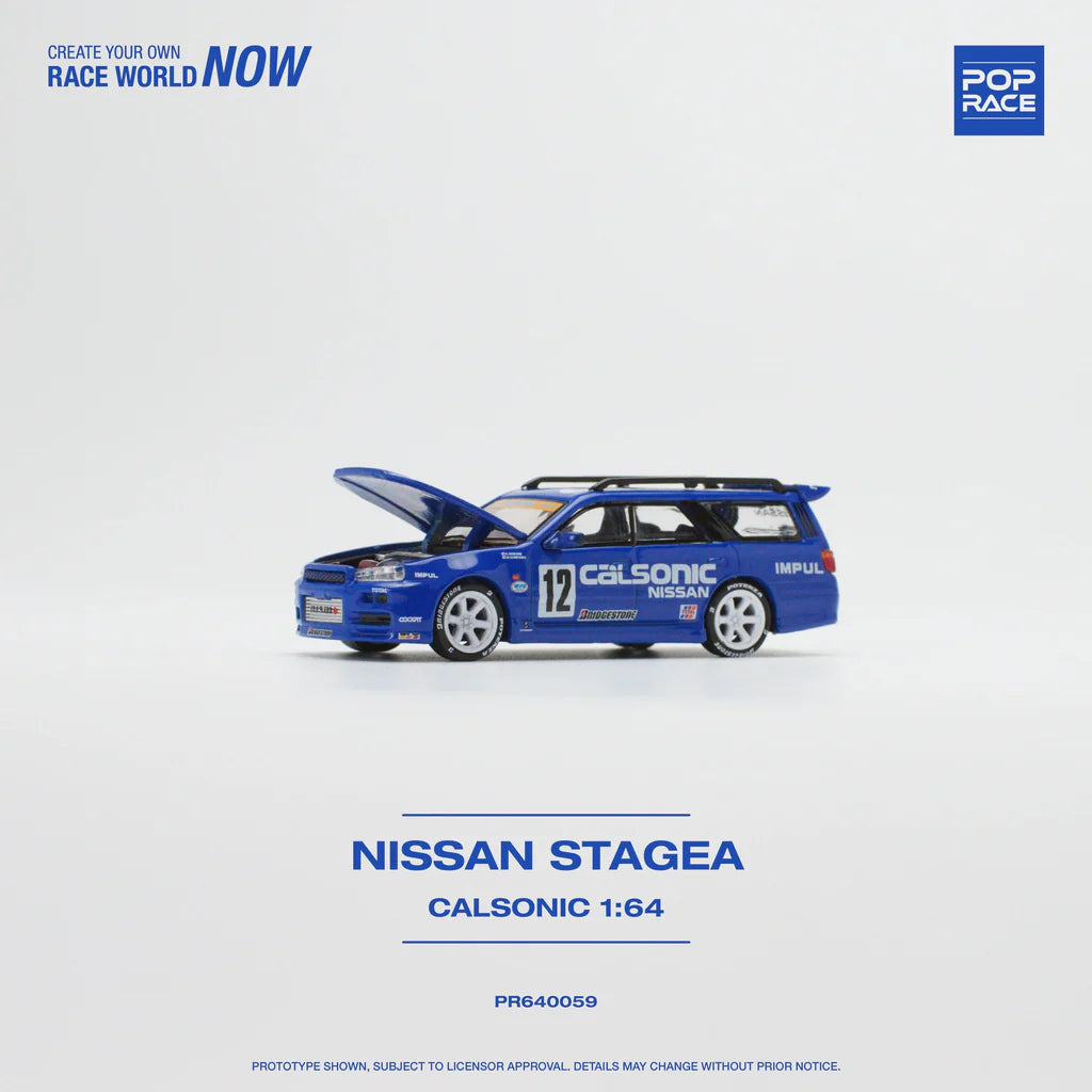 POP Race Nissan Stagea w/Skyline R34 GTR Front End Swap Calsonic Livery 1:64 Car