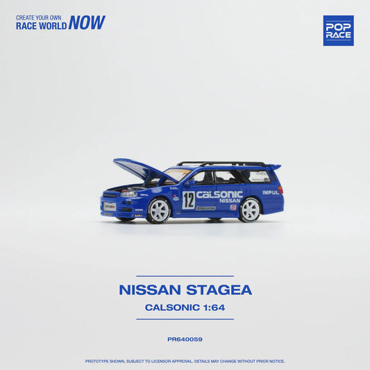 POP Race Nissan Stagea w/Skyline R34 GTR Front End Swap Calsonic Livery 1:64 Car
