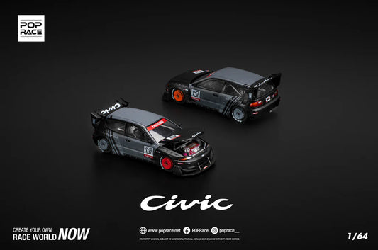 POP Race Honda Civic EG6 Pandem Widebody Kanjozoku Grey/Black 1:64 Diecast Car