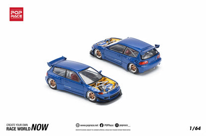 POP Race Honda Civic EG6 Wide Pandem Open Bonnet Metallic Blue Yellow 1:64 Car