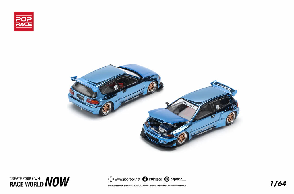 POP Race Honda Civic EG6 Pandem Widebody Kit Chrome Blue 1:64 Diecast Model Car