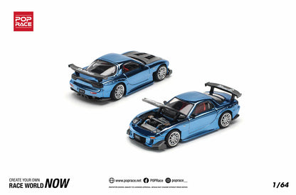 POP Race Mazda RX-7 FD3S Widebody RE Amemiya Blue Chrome 1:64 Model Diecast Car