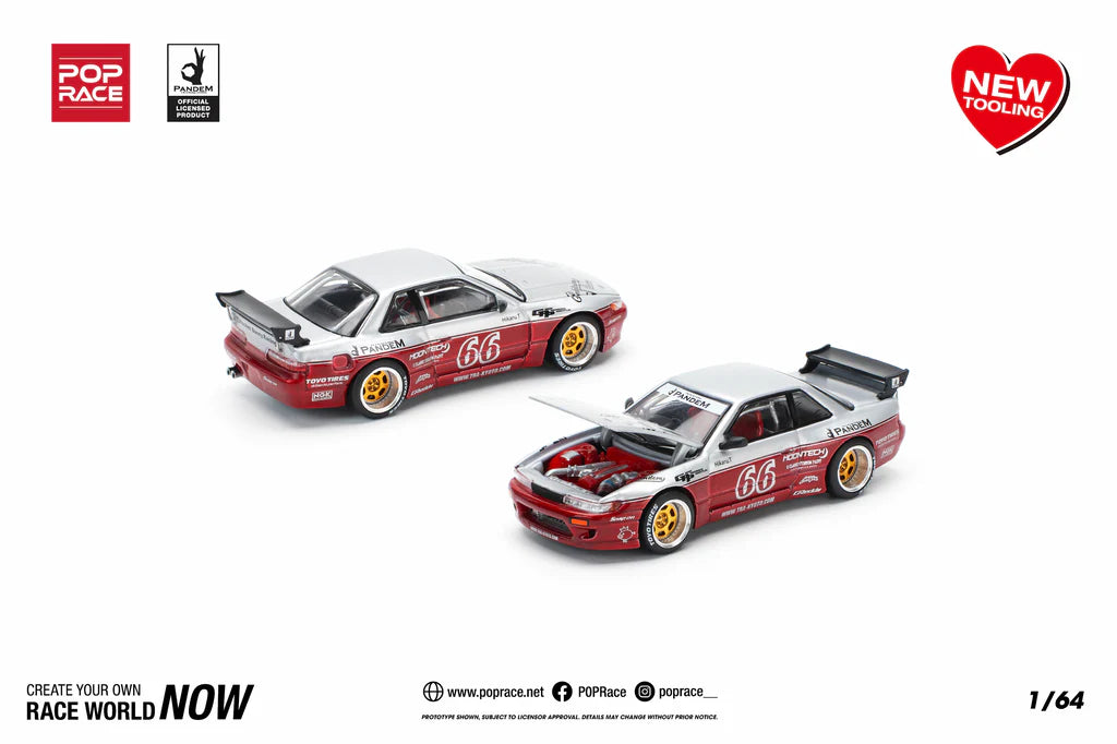 POP Race Nissan Silvia S13 Pandem Widebody Moontech Red/Silver 1:64 Diecast Car