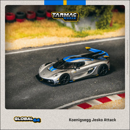 Tarmac Works TW Koenigsegg Jesko Attack Silver/Yellow/Blue 1:64 Diecast Model