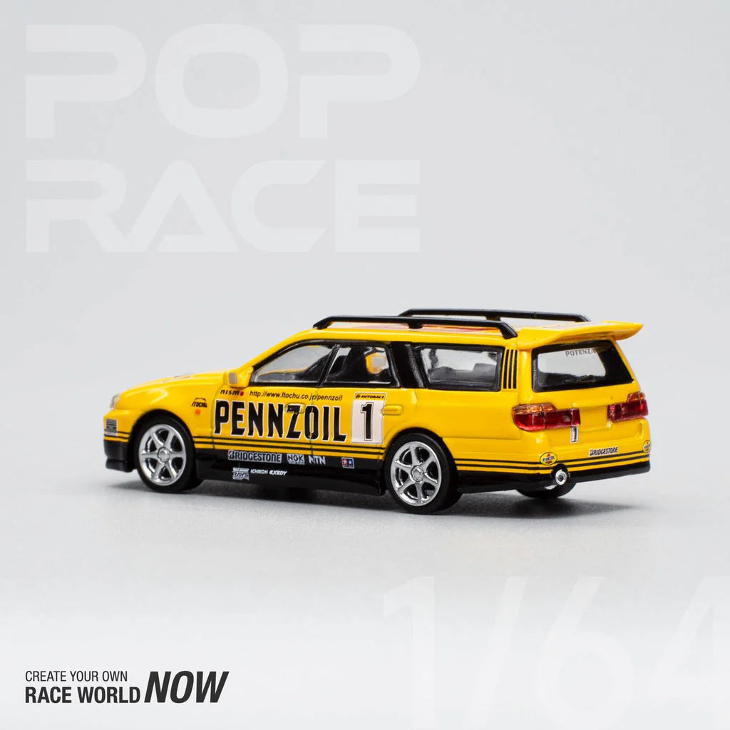 POP Race Nissan Stagea w/Skyline R34 GTR Front End Swap Pennzoil Livery 1:64 Car