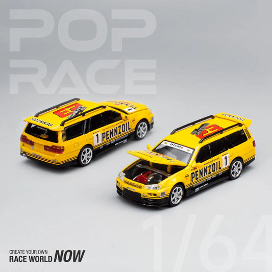 POP Race Nissan Stagea w/Skyline R34 GTR Front End Swap Pennzoil Livery 1:64 Car