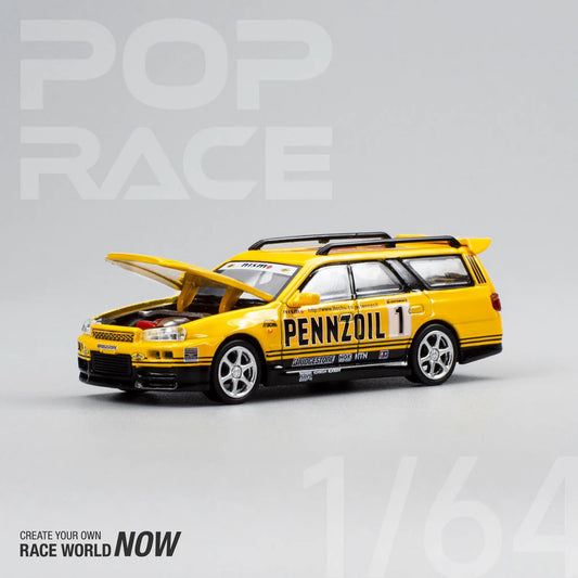 POP Race Nissan Stagea w/Skyline R34 GTR Front End Swap Pennzoil Livery 1:64 Car